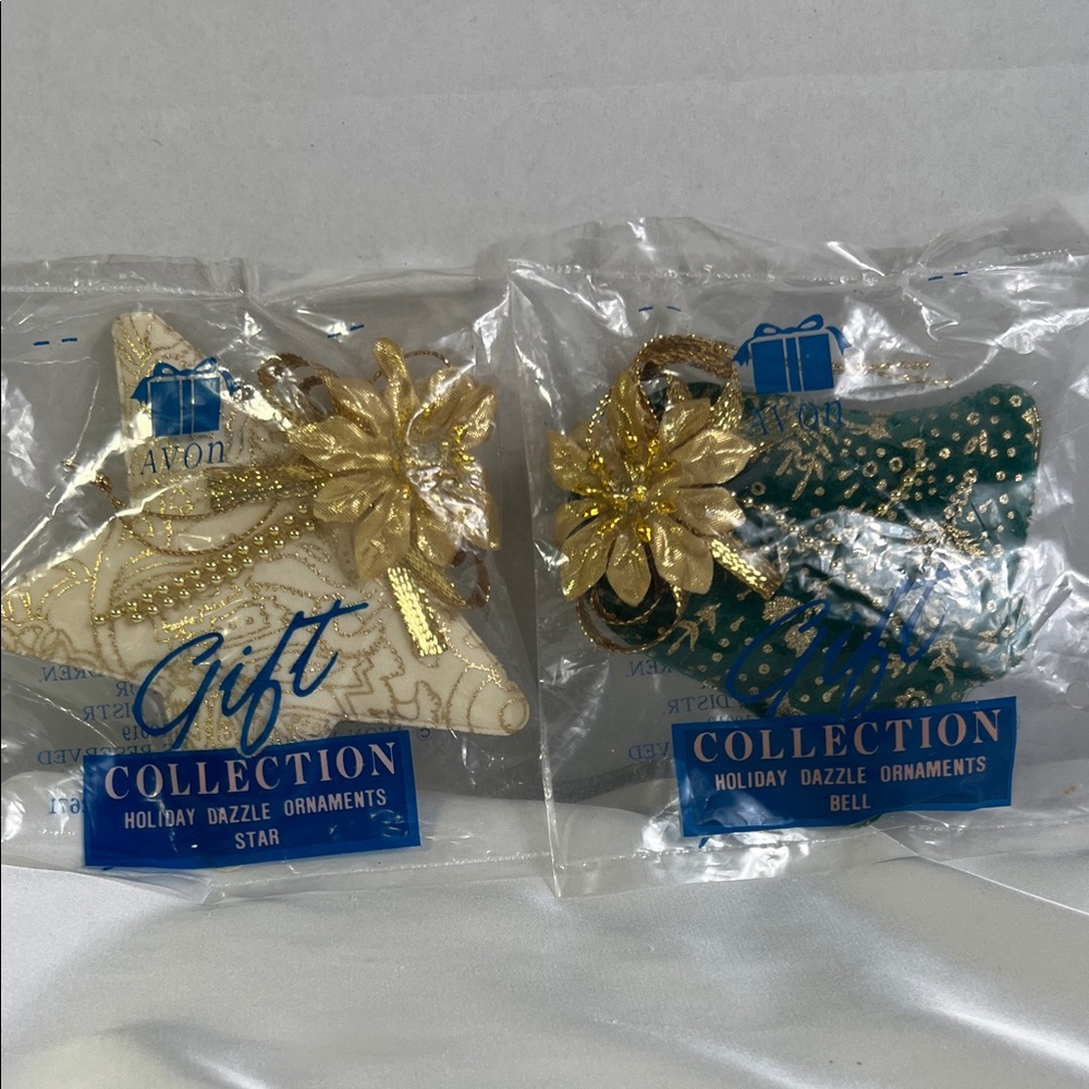 Vintage 1995 Avon Gold and Green Dazzle Ornaments Set Bell & Star Old Stock